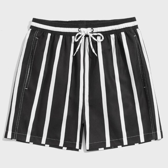 Black Vacation Style Striped Men's Swim Trunks - Picture 3 of 6